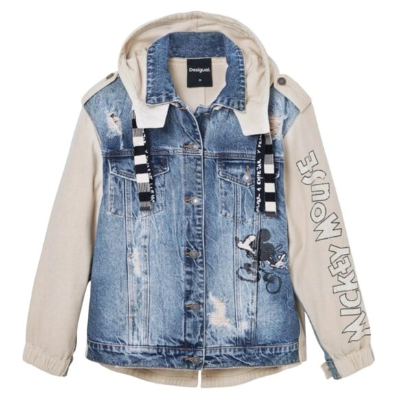 Desigual Disney Mickey Mouse Jean Jacket XS Patchwork Paint Splatter Streetwear - Picture 2 of 16